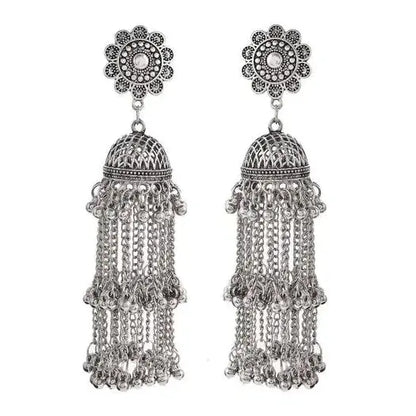 Traditional Designer German Silver Flower Stud with Tassel Chain Jhumki Partywear Earrings - instor360.com