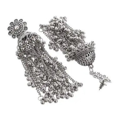 Traditional Designer German Silver Flower Stud with Tassel Chain Jhumki Partywear Earrings - instor360.com