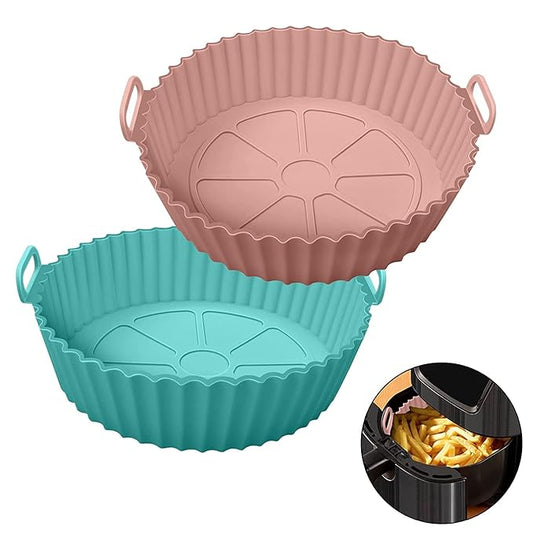Air Fryer Liners I Round Silicone Basket Baking Tray I Pot with Ear Handles I Nonstick Reusable Heat Resistant I Cooking Oven Insert Accessories - Multicolor (8 inch, Pack of 2).