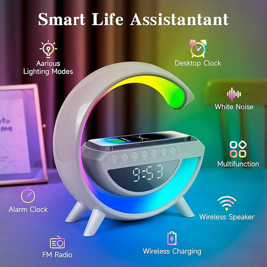 Wireless Speaker Charger, G Shaped LED Wireless Table Speaker Atmosphere Night Light with 15W Wireless Charger Led Alarm Clock Dimmable Ambient Light LED Wireless Charging Speaker for Office Bedroom