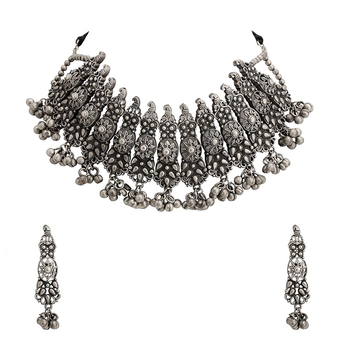 Handmade Oxidized Silver-Toned Textured Afghani Turkish Choker Necklace & Earrings Set For Women - instor360.com