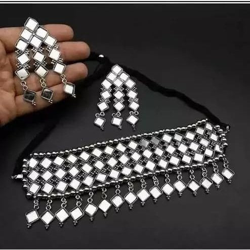 Oxidized Silver Plated Traditional Mirror Studded Designer Choker Necklace Set with Earrings Afghani Tribal Trendy Jewellery Set - instor360.com