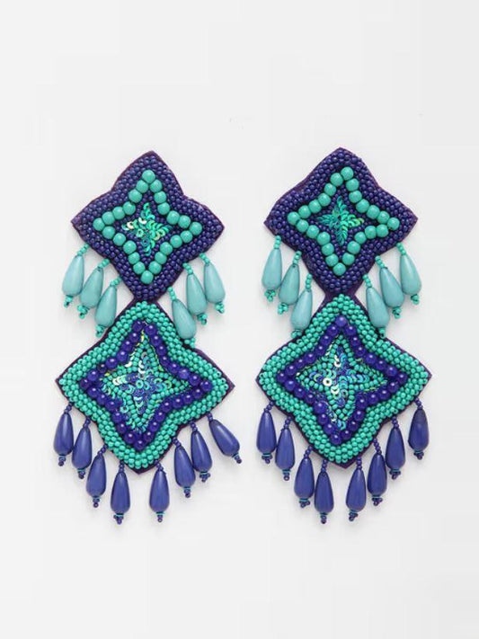 Turquoise Blue Beads Studded Contemporary Design Handcrafted Afghan Drop Earrings - instor360.com