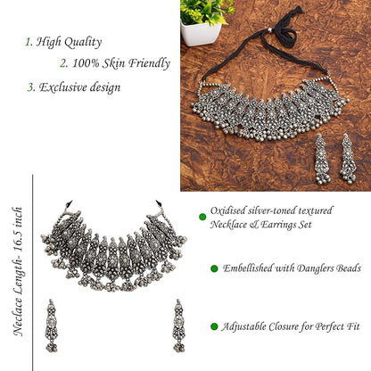 Handmade Oxidized Silver-Toned Textured Afghani Turkish Choker Necklace & Earrings Set For Women - instor360.com