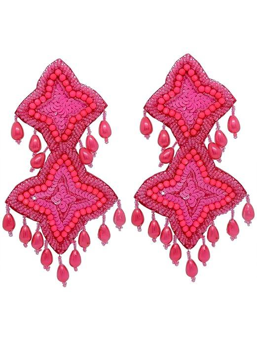 Geometric Fabric Earrings Pearl & Beads Studded Contemporary Design Handcrafted Afghan Drop Earrings - instor360.com