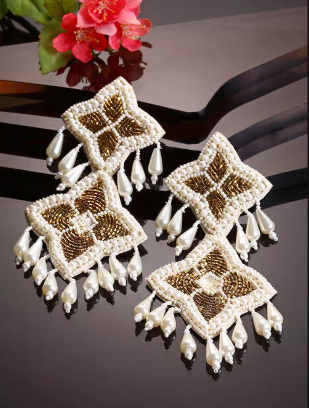 Off White Beads Sequins & Pearls Studded Contemporary Design Handcrafted Afghan Drop Earrings - instor360.com