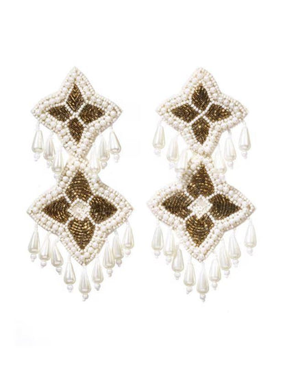 Off White Beads Sequins & Pearls Studded Contemporary Design Handcrafted Afghan Drop Earrings - instor360.com