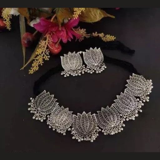 Oxidized Silver Plated Lotus Flower Choker Necklace & Earrings Set - instor360.com