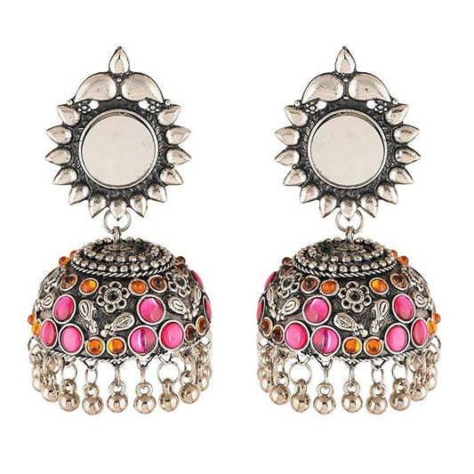 Premium Quality Oxidized German Black Silver Polish Designer Aesthetic Jhumka Earrings in Pink Colour - instor360.com