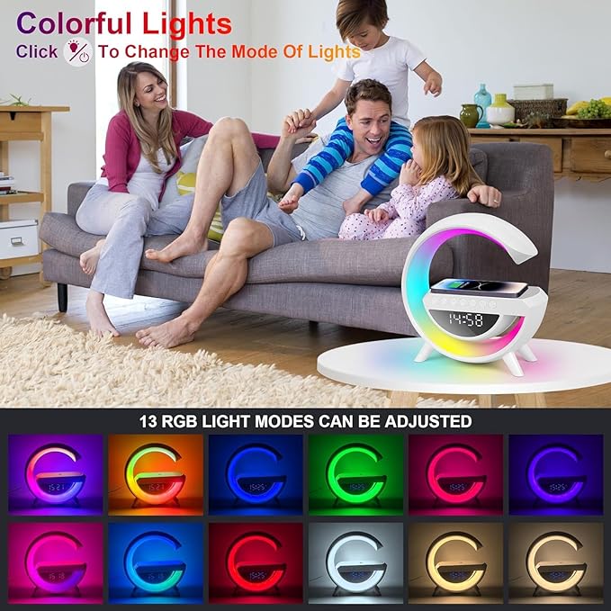 Wireless Speaker Charger, G Shaped LED Wireless Table Speaker Atmosphere Night Light with 15W Wireless Charger Led Alarm Clock Dimmable Ambient Light LED Wireless Charging Speaker for Office Bedroom - instor360.com