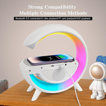 Wireless Speaker Charger, G Shaped LED Wireless Table Speaker Atmosphere Night Light with 15W Wireless Charger Led Alarm Clock Dimmable Ambient Light LED Wireless Charging Speaker for Office Bedroom - instor360.com