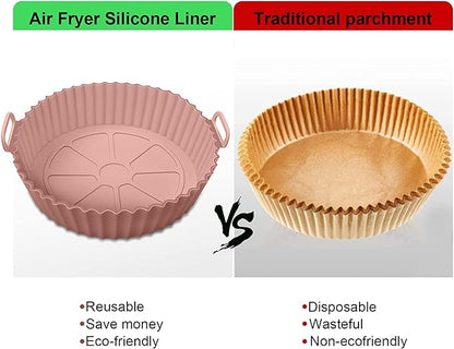 Air Fryer Liners I Round Silicone Basket Baking Tray I Pot with Ear Handles I Nonstick Reusable Heat Resistant I Cooking Oven Insert Accessories - Multicolor (8 inch, Pack of 2).