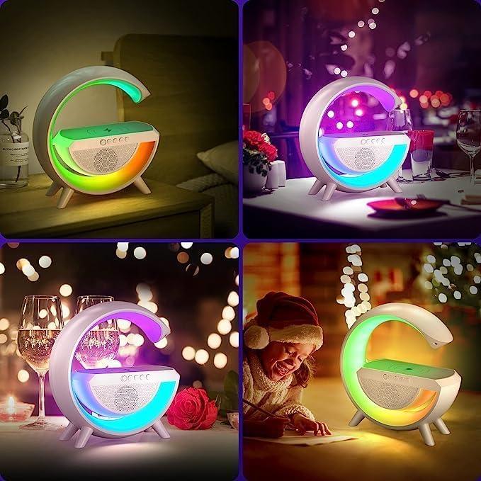 G-Shape Speaker Lamp - 3 in 1 Night Light Bluetooth Speakers with 15W Wireless Mobile Charger, Rechargeable LED Desk Lamp, Bedside Lamp for Bedroom, Room Decor, Gifting and More.