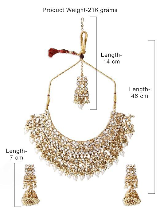 Gold-Plated & White Kundan-Studded & Beaded Jadau Jewellery Set.