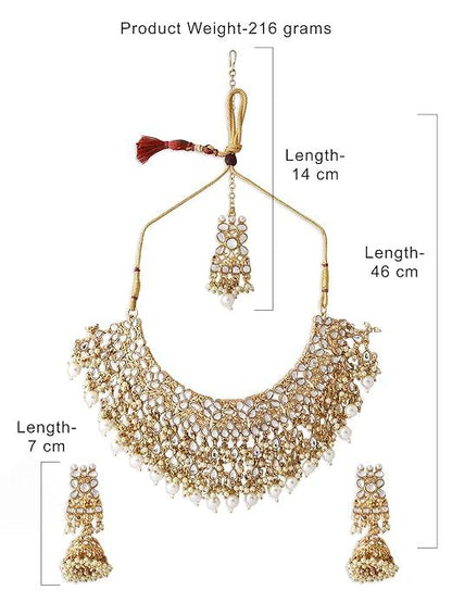 Gold-Plated & White Kundan-Studded & Beaded Jadau Jewellery Set.