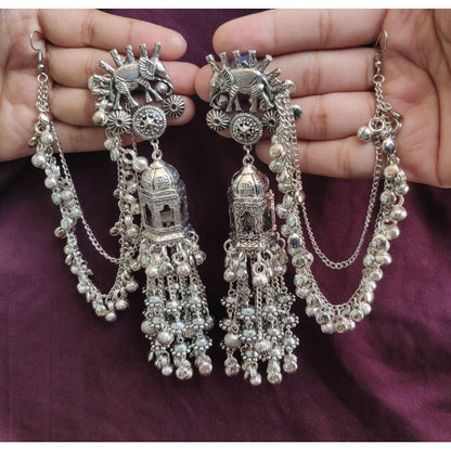 German Silver Designer Stud with Ghunghru Chain Temple Jhumki Earrings - instor360.com