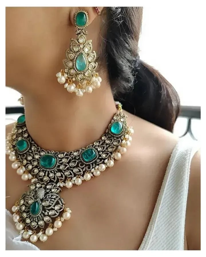 Luxurious Sabyasachi Inspired Bridal Antique Victorian Dual Tone Jewellery Necklace Set - instor360.com