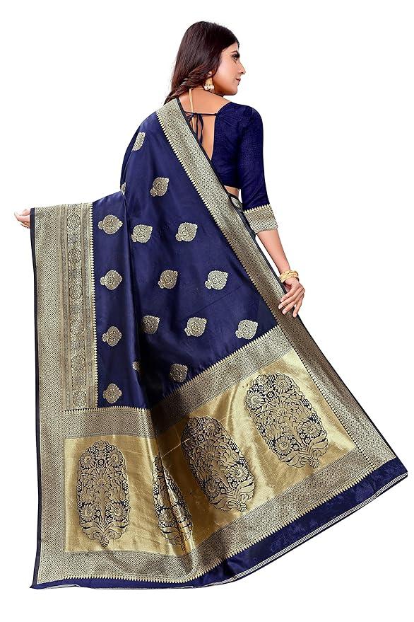 Women's Pure Kanjivaram Silk Saree Banarasi Silk Navy Blue Colour Saree With Blouse Piece.