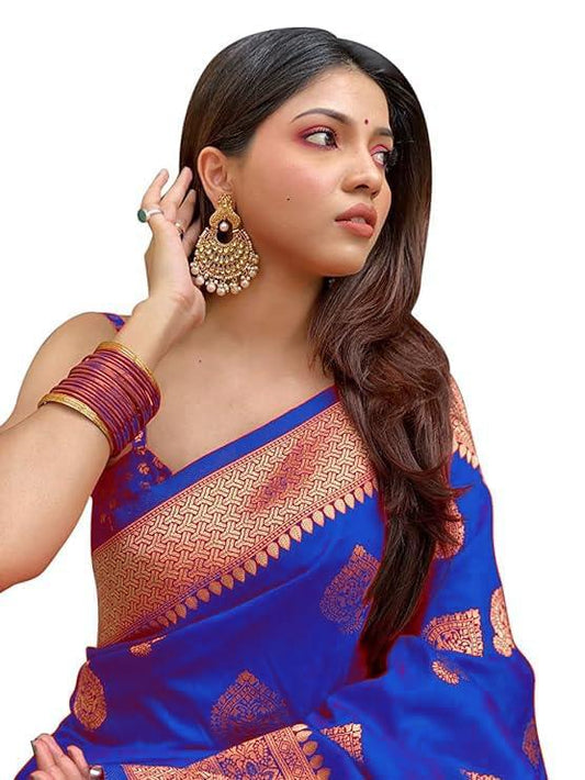 Women's Pure Kanjivaram Silk Saree Banarasi Silk Blue Colour Saree With Blouse Piece - instor360.com