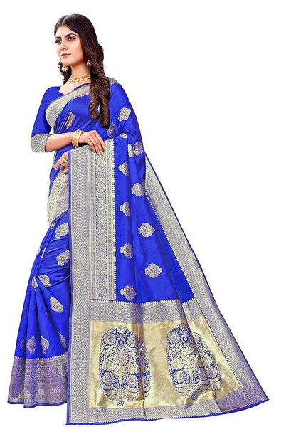 Women's Pure Kanjivaram Silk Saree Banarasi Silk Blue Colour Saree With Blouse Piece.