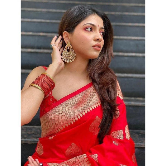 Women's Pure Kanjivaram Silk Saree Banarasi Silk Red Colour Saree With Blouse Piece - instor360.com