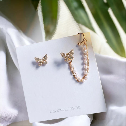 AVR JEWELS High sense of asymmetric butterfly pearl ear bone clip earrings all-in-one female super fairy tassel earrings - instor360.com