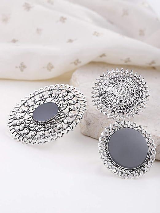 Jewellery Afghani Oxidised Silver Plated Combo of 3 Rings.